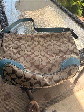 Coach Brown Signature Canvas Shoulder Bag with Teal Trim